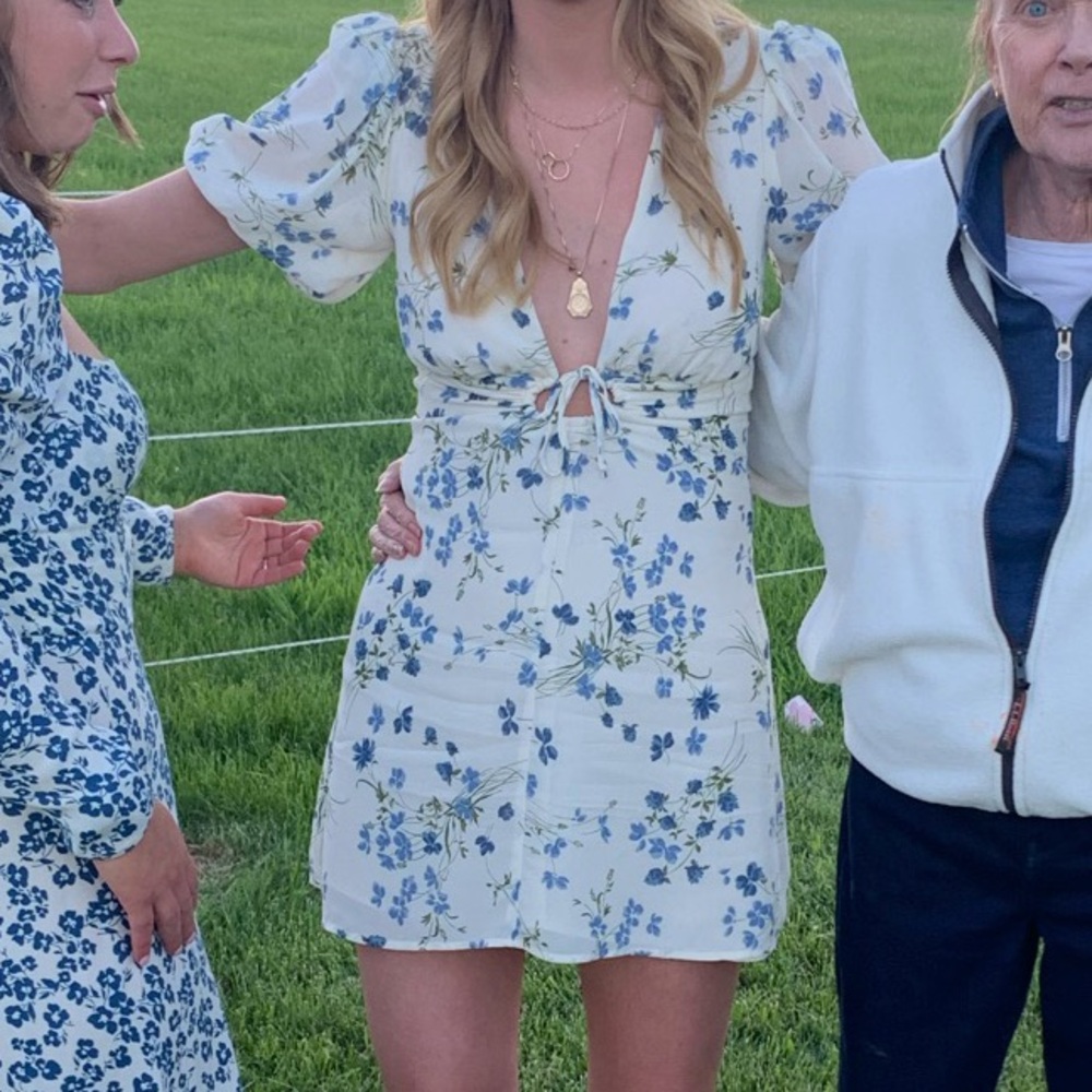 Reformation Blue and White Ruched Puff Sleeve Sundress